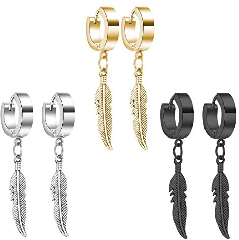 3 Paare Titan Edelstahl Ohrringe Creolen für Herren Damen - Feder, Hängend, Mit Anhänger Set (Schwarz, Gold, Silber)