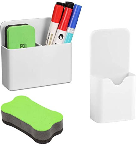 AOMiGT Magnetischer Stiftehalter, Whiteboard Stifthalter, 2 Stück Whiteboard Magnetisch Markerhalterung mit Whiteboard Schwamm, Magnetischer Stift becher für Schule Büro Spind Kühlschrank