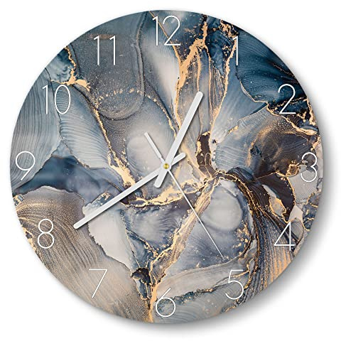 DEQORI Glasuhr | rund Ø 30 cm | Motiv Marmor-Farbspiel mit Gold | ausgefallene leise Design Uhr aus Glas | Wanduhr für Wohnzimmer & Küche | moderne Hingucker Uhr für die Wand
