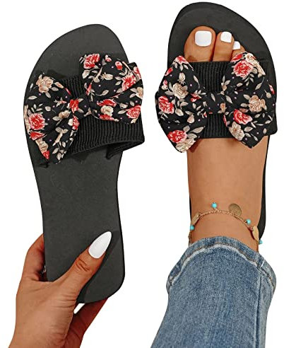 LIANGTUOHAI Strand Schlappen Damen Sommer Flache Sommersandalen Lässige Blumen Badeschuhe Bohemia Schlappi Strandsandalen offene Zehen Badeschlappen Elegant Flip Flops