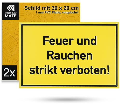 Warnschild Feuer und Rauchen strikt verboten!, 2 Stück, 30 x 20 cm, 1 mm starkes PVC Schild mit Bohrlöchern, Heizungsanlage Schild, Hinweisschild Keller, Raucher verboten Warnhinweis Öllagerraum