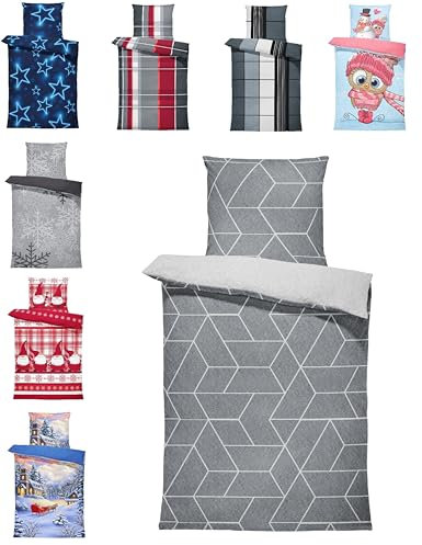 one-home Winter Bettwäsche Thermo Fleece Kuschelig Warme Bettbezüge Flauschig Warm Weich, Größe:4 teilig 155x220 cm, Farbe:Geometrisch grau