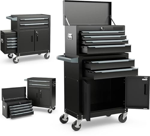 TANGZON Tool Cabinet, 2/3 in 1 Auto-Lockable Rolling Metal Tool Chest with 6 Drawers & Univeral Wheels, Heavy Duty Tool Box Organizer Cart Trolley (2 in 1, Black)