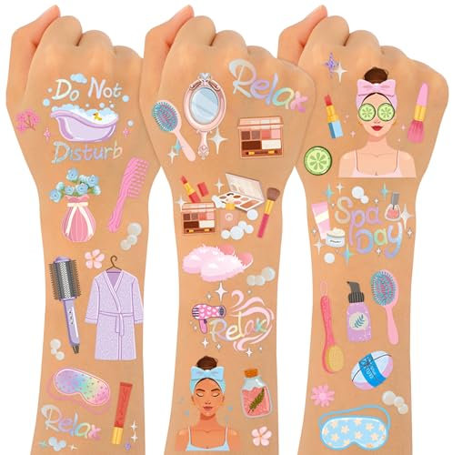 Konsait Spa Party Favors Spa Enfants Tatouages temporaires pour filles 99 pièces + faux tatouages Slumber Party Supplies pour filles Spa Day Party Supplies Anniversaire Maquillage Pyjama Party Favors