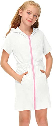 Mädchen Kleider Set Elegante Schöne Freizeit Mädchen-Badeanzug mit Reißverschluss, Terrys, vertuschen, Kapuzen-Bademantel mit Taschen, Kurzarm-Badeanzug, Mädchen Kleider Hochzeit (White, 4-5 Years)