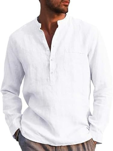 Runcati Chemise en lin à manches longues en coton et lin pour homme, coupe régulière, pour la plage, l'été