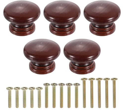 sourcing map 5Pcs Round Wood Drawer Knob, 1.3 x 1.02 Round Cabinet Knobs Mushroom Shape Paint Surface Wooden Knobs with Screws for Furniture Drawer Dresser Wardrobe Cupboard, Dark Brown