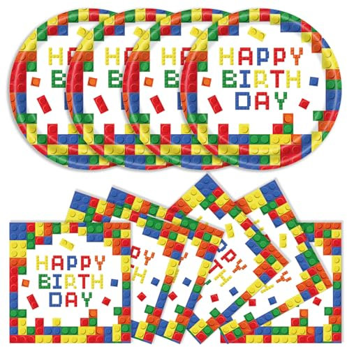 40Pcs Building Block Plates and Napkins Party Supplies, Disposable Colorful Building Block Birthday Party Plates Napkins Tableware Set for Boys Birthday Party Decorations Serve 20 (Building Block)