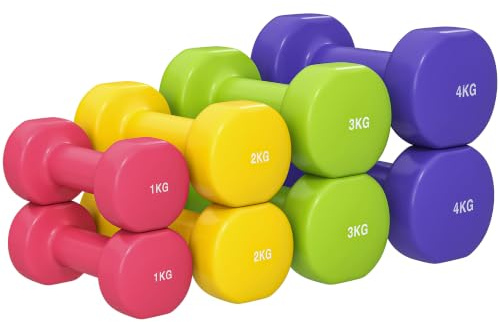 HOMCOM 20 kg Sechskant-Hantel-Set, 8 Stück, 1 kg – 4 kg, mit PU-Beschichtung, für Zuhause, Fitnessstudio, Stahl, mehrfarbig