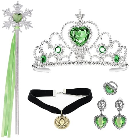 ZYEKIU Schmuckset Mädchen Prinzessin Krone Krone Zauberstab 5 Teiliges Set | Mädchen Prinzessin mit Krone Zauberstab Halskette und Ohrringen Geeignet für Mädchens Kostüm als Party Zubehör