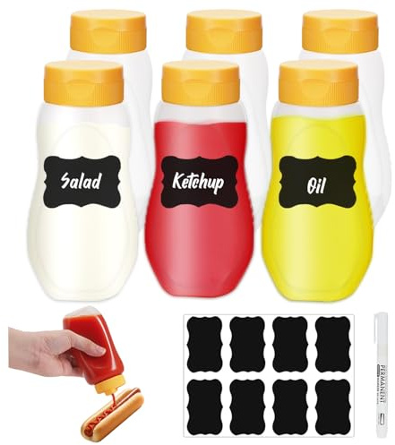 6pcs Plastic Squeeze Condiment Bottles with Cap, 11oz Sauce Bottle with Label, Reusable Ketchup Bottle Squirt Bottles Seasoning Dispensers for Hot Sauce, BBQ, Olive Oil, Salad Dressings (Yellow)