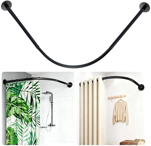 ZAIONE L-Shaped Shower Curtain Rail: Adjustable 90-130 x 90-130 cm Corner Shower Curtain Rod Stainless Steel Drill or No Drill Black for Modern Awkward Bathrooms