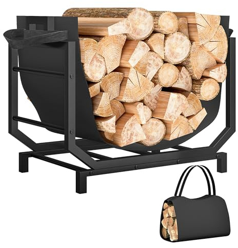 Outsunny Kaminholzregal für innen 53 x 33 x 43 cm erhöhtes Brennholzregal mit Tragetasche Kaminholzständer für Kamin Ofen Feuerholzregal Holzregal für Feuerholz, Brennholz Metall Schwarz