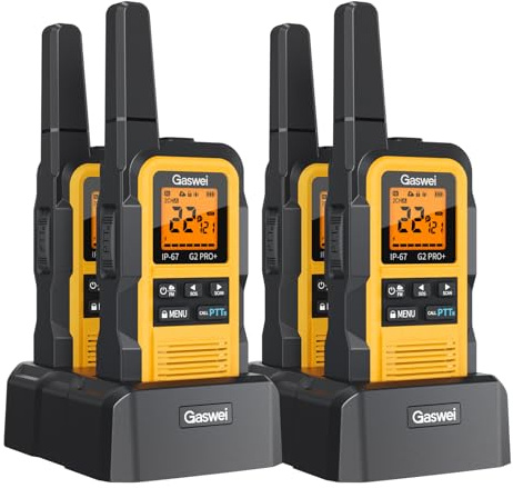 Gaswei G2pro+ IP67 Waterproof Floating Walkie Talkies Long Range for Adults, Heavy Duty Walkie Talkie with Double PTT,FM Radio,SOS,NOAA Weather,VOX, Two Way Radio(Yellow,4Pack)