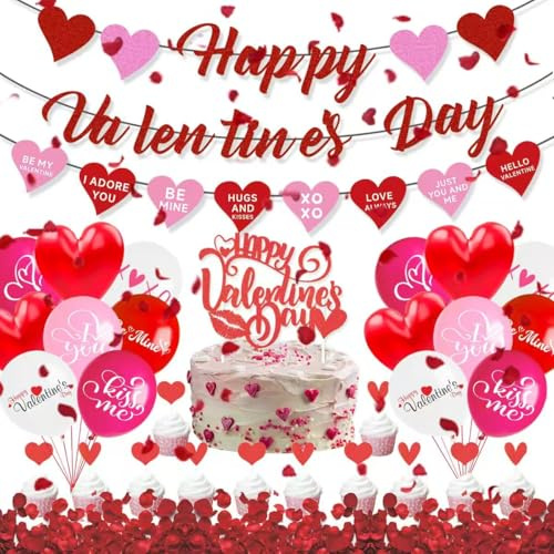 Seutgjie Valentinstag Deko - Banner, Rosenblätter, Herz Girlande, Cake Toppers, Ballons, Heiratsantrag Verlobung Jahrestag Valentinstag Party Supplies