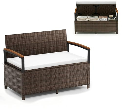 GIANTEX Gartensofa 2-Sitzer mit Kissen, Outdoor Lounge Sofa Rattan Wetterfest mit Stauraum und Armlehnen, Gartenbank bis 360 kg belastbar für Garten, Terrasse und Balkon, 120 x 61 x 84 cm (Weiß)
