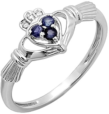 Claddagh-Ring aus 10-karätigem Gold, weißer Diamant und blauer Saphir, Brautschmuck, irische Liebe, Claddagh-Herzform, Weißgold, Weißer Diamant