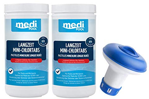 Medipool Langzeit MiniChlorTabs 20g, 2 x 1KG, Chlor Langzeittabletten und Dosierschwimmer für 20gr. Tabletten