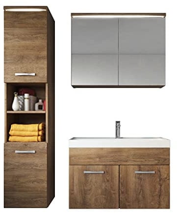 Badezimmer Badmöbel Set Paso LED 80cm Waschbecken Braun Eiche - Unterschrank Hochschrank Waschbecken Spiegelschrank