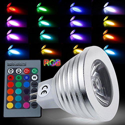 Bombillas LED MR16, intensidad regulable, con mando a distancia, RGB + luz blanca, ángulo de haz de 45° y memoria, iluminación de ambiente de 3 W
