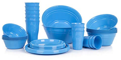 Mintra Set de vaisselle complet 38 Pièces Plastique Incassable Réutilisable Snacks Salades Desserts Boissons Assiettes Gobelets Bols Fête Anniversaire Micro-Ondes/Lave-Vaisselle - Bleu