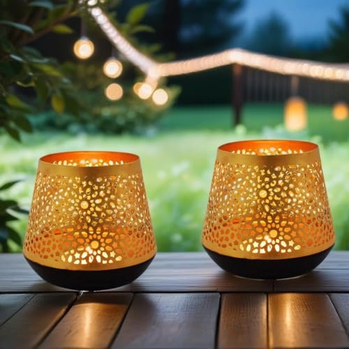 2er Set Orientalische goldene Laterne Windlicht Ceuta 12cm | Marokkanische Gold Gartenlaterne für draußen Innen als Tischlaterne | Marokkanisches Gartenwindlicht hängend oder zum hinstellen