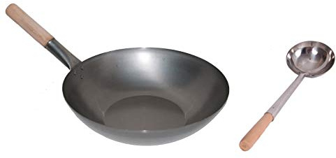AAF Nommel ®, Wok Set, Pfanne 30 cm Ø flacher Boden Carbon Stahl + Wok Kelle Edelstahl 43 cm lang mit Holzgriff. Für Gasherd, Elektro, Ceran und Induktion