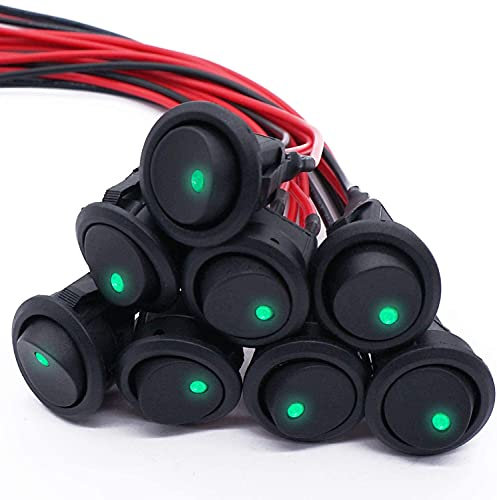 mxuteuk 8 pezzi SPST interruttore a levetta circolare a bilanciere, 20A 12V DC on/off luce LED verde per fili pre-saldati automobilistici o marini KCD2-102N-G-X