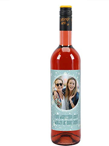 Herz & Heim® Lieblingswein Cuvee Halbtrocken (0.75 l) mit personalisiertem Foto-Etikett -Weihnachten Blau- Roséwein