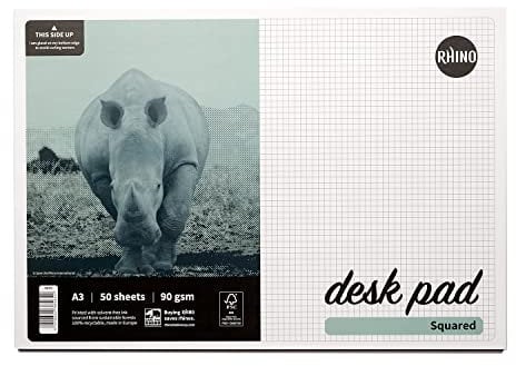 RHINO Schreibtischunterlage | 5 mm kariert | A3 Schreibtischunterlage | 90 g/m² FSC Papier | Schreibtischzubehör | 50 Blatt | Schreibtisch-Notizblock