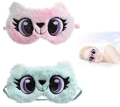 WUBAYI 2 Stück Schlafmaske Schlafmaske für Reisen Schlafbrille mit Cartoon Weich Augenmaske für Erwachsene Kinder Flauschig Schlafschutz 3D Süße Augenbinde Schlafmaske für Reisen Nickerchen