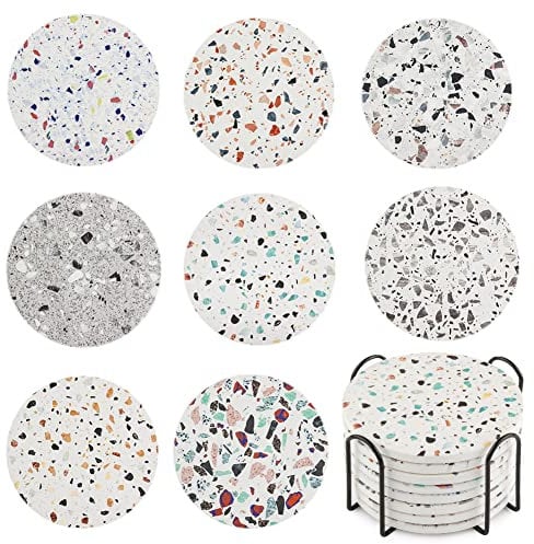 Lot de 8 dessous de verre avec support, beaux dessous de verre ronds en céramique absorbants avec base en liège pour table basse, tasse, bière, bouteille de verre à vin, maison et bar (style marbre)