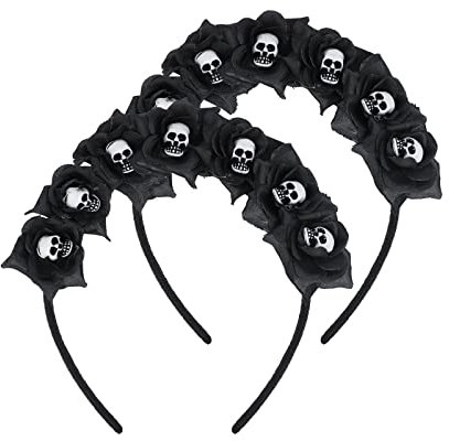2pc Halloween Rose Skeleton Headbands Gothic Flower Garlands Black Rose Skull Crown Headwear Death Bridal Queen Witch Headdress