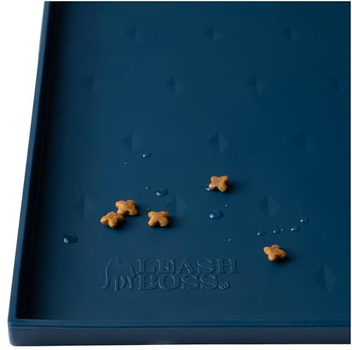 Leashboss Spritzmatte XXL – Napfunterlage Katzen & Hund mit Großer Lippe, Rutsch- und Wasserfeste Silikon Napfunterlage für Futter, Wasser oder Brunnen (76 x 56 cm, Marine)