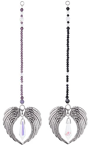 WEBEEDY 2 Stück Kristall-Engel Flügel Sonnenfänger Regenbogen Maker Glas Prisma Anhänger Kristalle Anhänger Deko für Zuhause, Fenster,Büro, Balkon,Garten