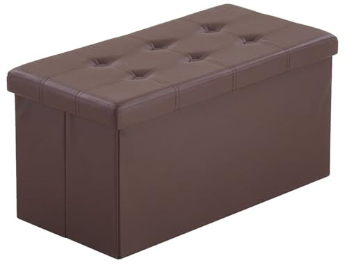 LEADZM Sitzbank mit Stauraum, Sitztruhe, Polsterbank Sitzhocker, Aufbewahrungsbox, Fußablage, Sitzbank faltbar, 76 x 38 x 38 cm, für Schlafzimmer, Wohnzimmer, Büro, etc. (PVC Leder, Braun)