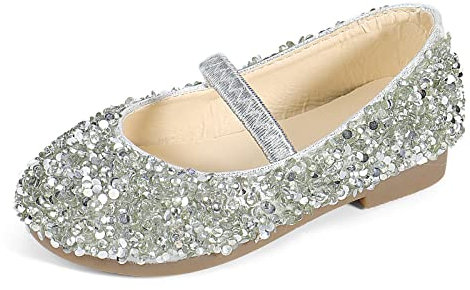 MK MATT KEELY Prinzessin Schuhe Mädchen Glitzer Ballerinas Kinder Mary Jane Kristall Frozen Sandalen,Silber,26EU(CN27)