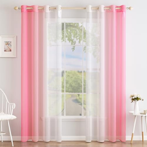 MIULEE 2er Set Voile Vorhang Zweifarbiger Vorhang mit Ösen Transparente Gardine Ösenschal Fensterschal Lichtdurchlässig für Schlafzimmer, 140x225cm, Rosa