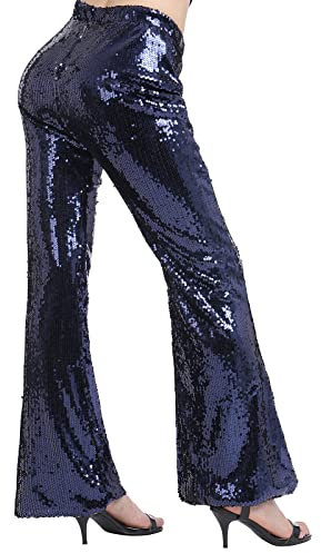 Damen Glitzer Pailletten Schlaghose High Waist Weites Bein Hose Legins Cargohose Hippie 70er 80er 90er Jahre Kost?m Mottoparty Disco Rave Tanz Outfit Clubwear Karneval Fasching Halloween Dunkelblau XL