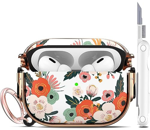 R-fun Schutzhülle kompatibel mit Airpods Pro (2023/2022/2019, 2./1. Gen), (USB-C/Lightning-Kabel), mit Reinigungsset, Blumendruck und Hartschale Ganzkörperschutz mit Schlüsselanhänger,Rote Blumen