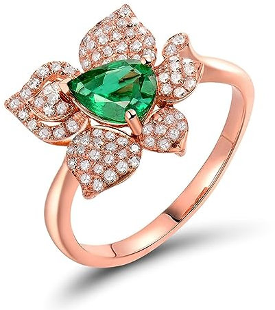 Diamant Ring Echt, Damenringe 18 Karat Roségold Smaragd 0,47 ct Smaragd In Blüten und Birnenform mit 0,34 ct Diamant Komfort Fit Größe 65 (20.7)