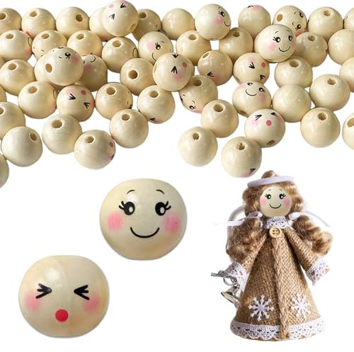 80 Stück Holzperlen 20mm,Holzperlen mit Gesicht,Smile Face Holzperlen,Natur Rund Holzkugeln mit Loch Bastel-Perlen für Schmuck Armband Halskette,DIY-Bastelarbeiten,Sorgenwürmchen