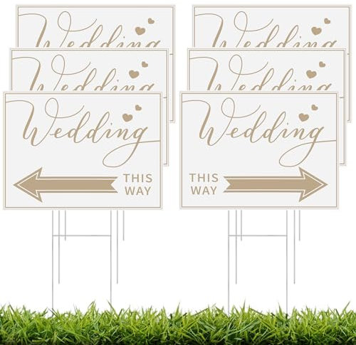 FoldTier Lot de 6 panneaux de flèche de direction de mariage avec piquets en H Wedding This Way en plastique pour pelouse, cour, 40,6 x 30,5 cm, panneaux de mariage directionnels imperméables pour