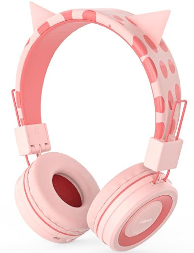 Simjar Cuffie Bluetooth con orecchie di gatto per bambini con microfono per la scuola, cuffie wireless per bambini con limitatore di volume 94 dB, archetto pieghevole regolabile per