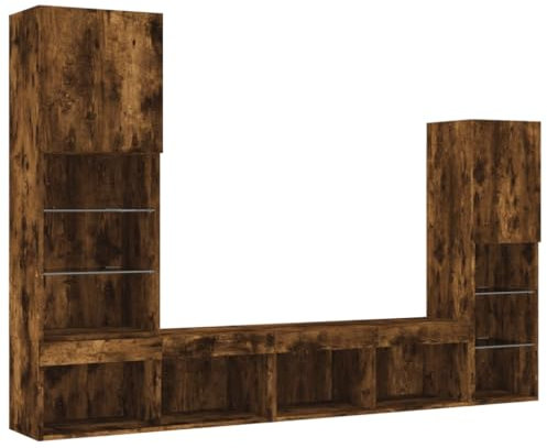 vidaXL Wohnwand 4-TLG., Schrankwand mit viel Stauraum, Anbauwand mit LED-Beleuchtung, Wandmontage Fernsehschrank Wohnzimmer Set Schrank, Räuchereiche Holzwerkstoff