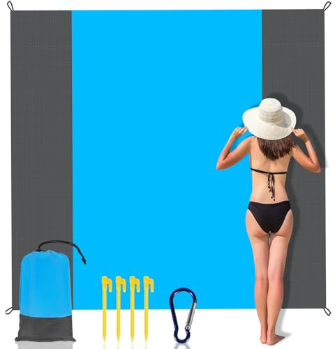 Tapis de Plage 200 x 210 cm, Tapis Plage Anti Sable, Tapis de plage imperméable à séchage rapide portable, Livré avec 4 piquets de plage pour la Plage Le Camping Pique-Nique Voyage (Bleu/Gris)