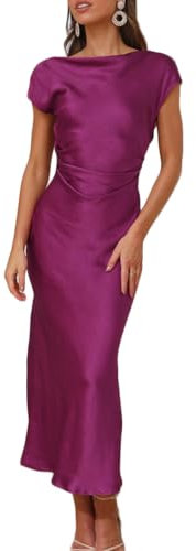 Vestidos de verano de satén con mangas casquillo y espalda drapeada para mujer, elegante, cintura fruncida, vestido midi para invitada de boda, Fucsia, Large