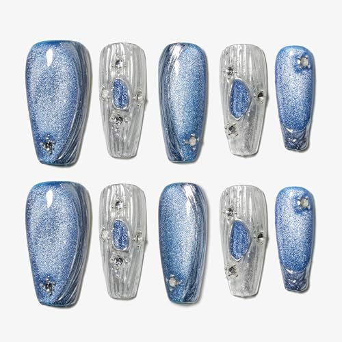 Sun&Beam Nails Handmade Press-on Medium Long Coffin Nails Silver White Blue False Nail Tips Design Baroque Style Fashionable 10 Pcs Set (#154 XS)