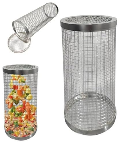 2er Set Zylindrischer Grillkorb Rund aus Edelstahl mit 1x Haken | Rollendes Grillkorb für Gasgrill, Elektro- und Holzkohle-Grill | 20 x 9 cm Grillnetzrohr für Gemüse, Pilze Meeresfrüchte, Grillgemüse