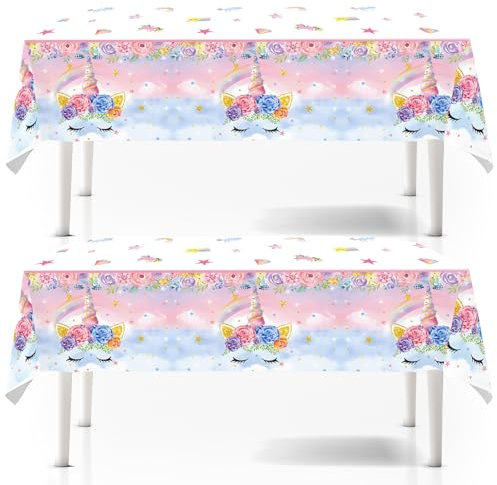 2Pcs Unicorn Summer Party Table Cloth for Euro 2024 - 137*274cm Water Print Plastic Cover, Pink Beach Theme Decorations for Pool Underwater Decor